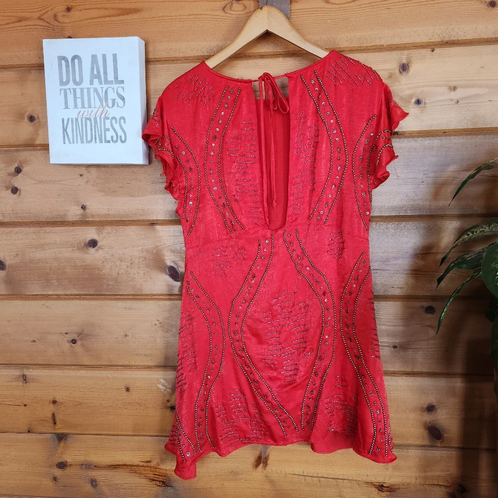 Free people Shine Like the Stars Red Mini Dress Satin Beaded Embellished Size XS